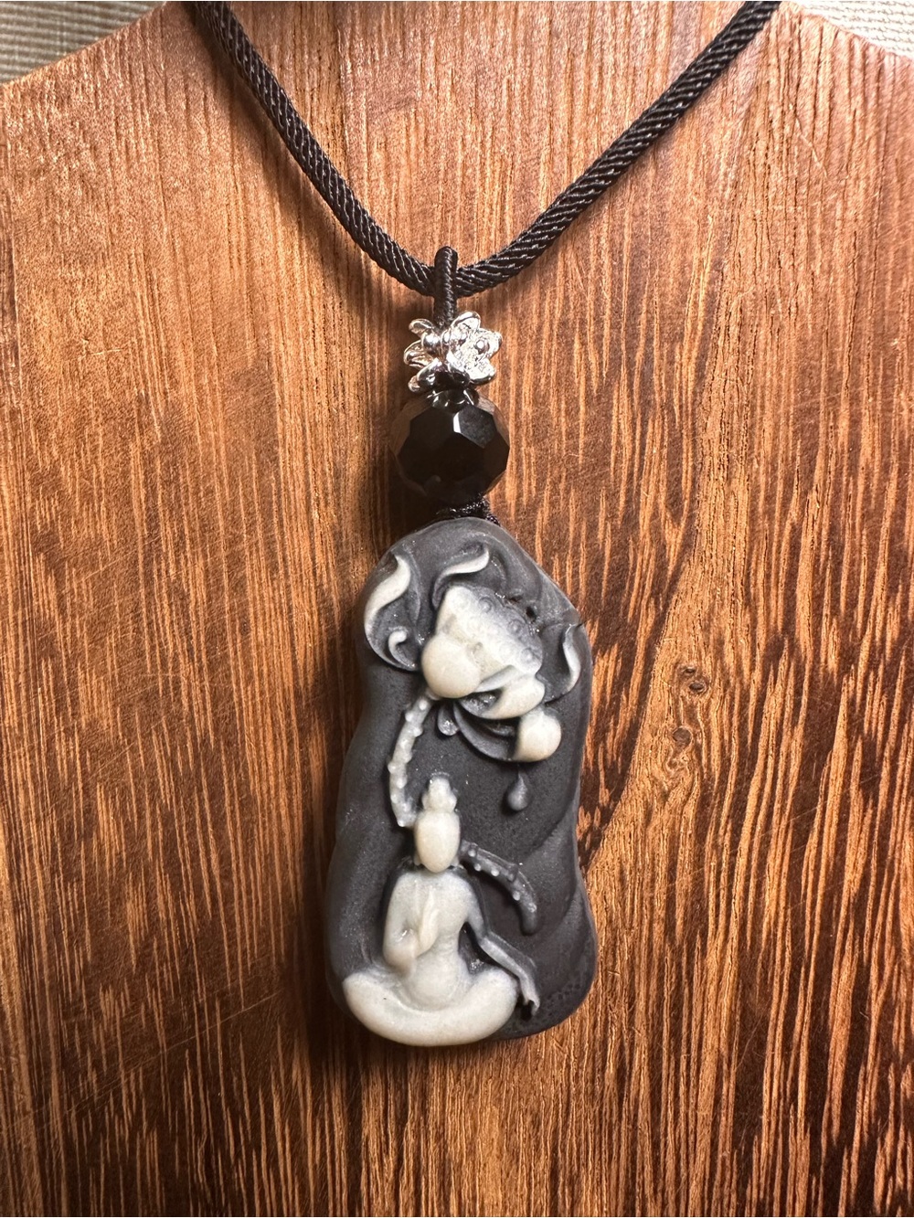 Tai Chi Stone Buddha and Lotus Pendant Necklace with Onyx on Black Rope